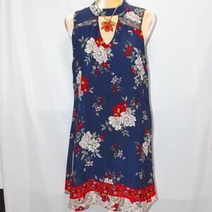 Miami Navy Floral Sleeveless Boarder Print Dress